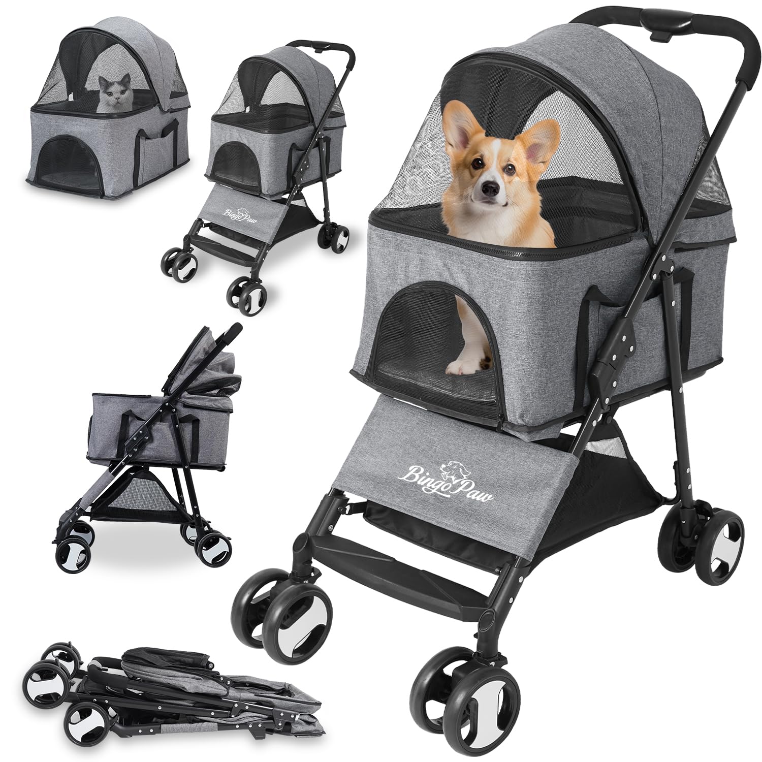 bingopaw-pet-stroller-poussette-chien-20-kg-pliable-grise-4-roues image 1