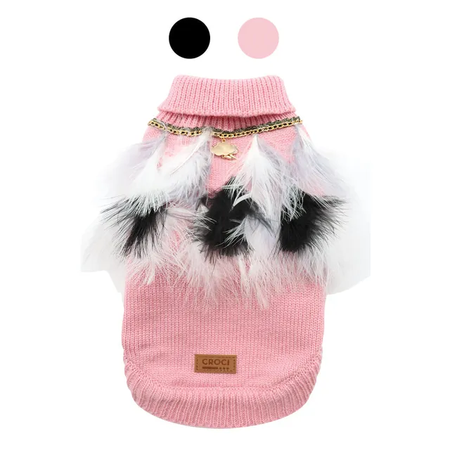 croci-pull-chien-col-roul-noir-30-cm-plumes-et-bijou image 1