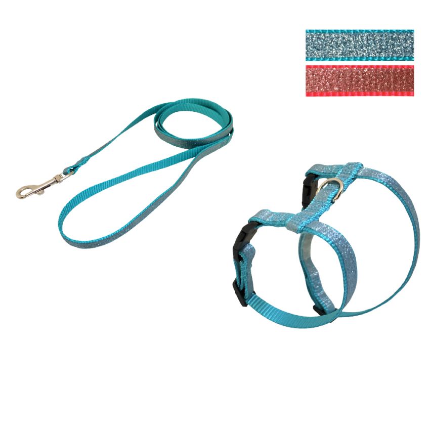 croci-glitter-harnais-chat-nylon-bleu-laisse-100-cm image 1
