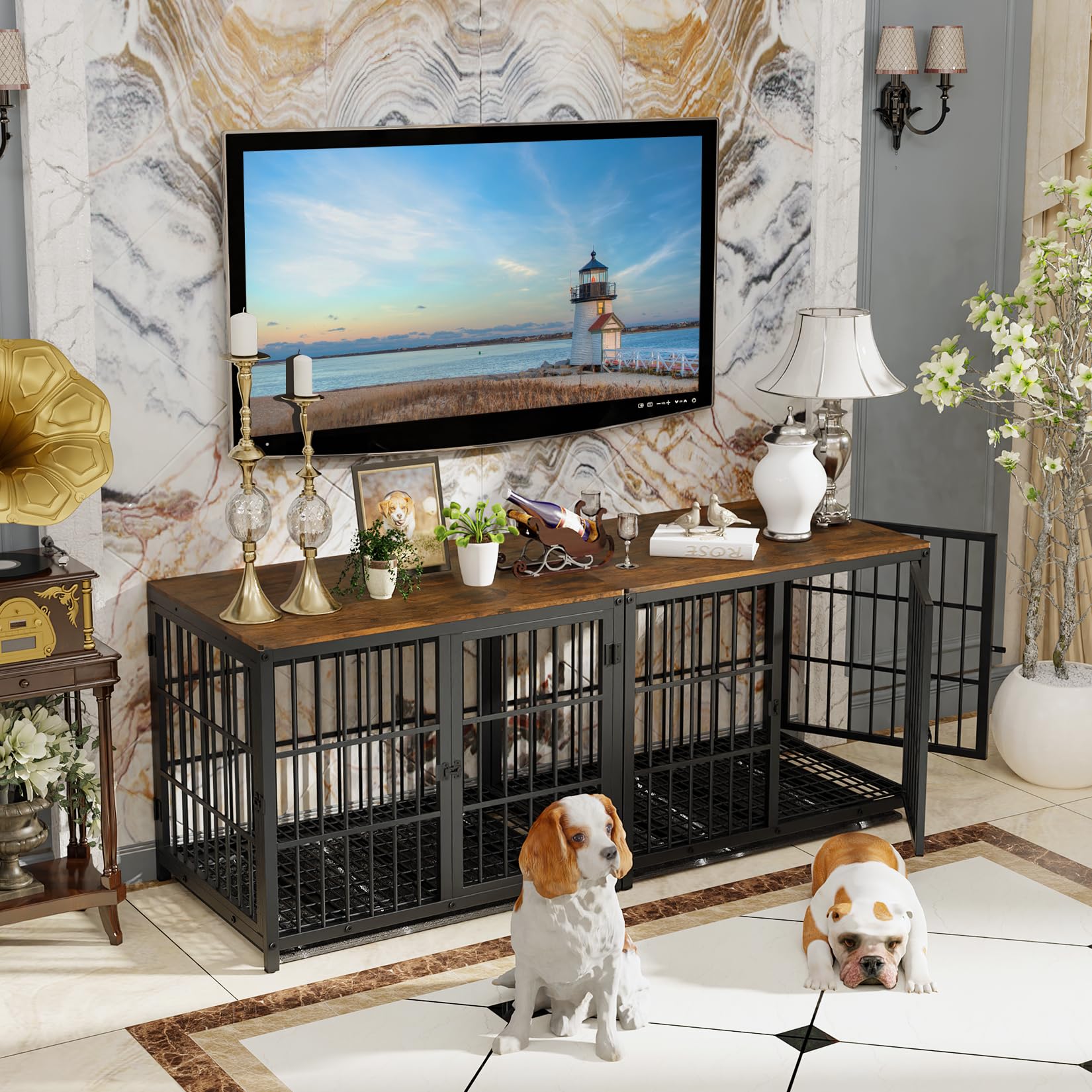 bingopaw-dog-crate-cage-chien-bois-double-l-91cm-marron image 2