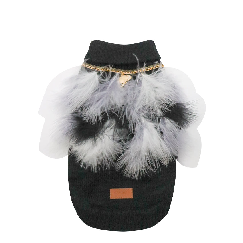 croci-pull-chien-col-roul-noir-30-cm-plumes-et-bijou image 2